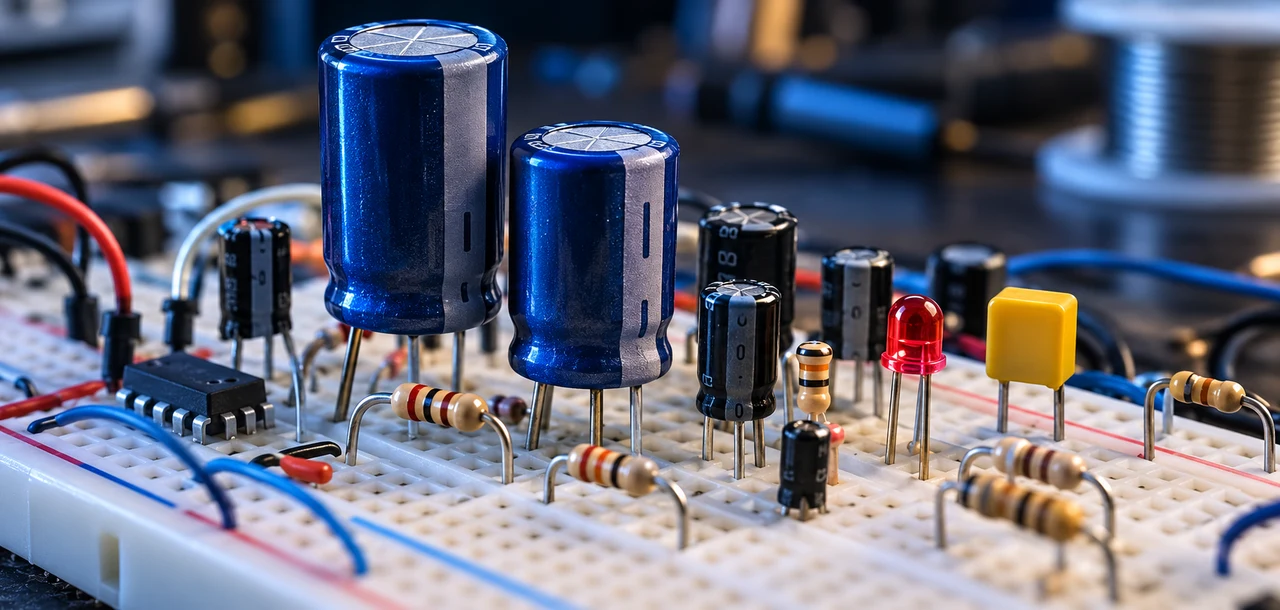 Capacitores azuis, resistores e outros componentes eletrônicos montados em uma protoboard